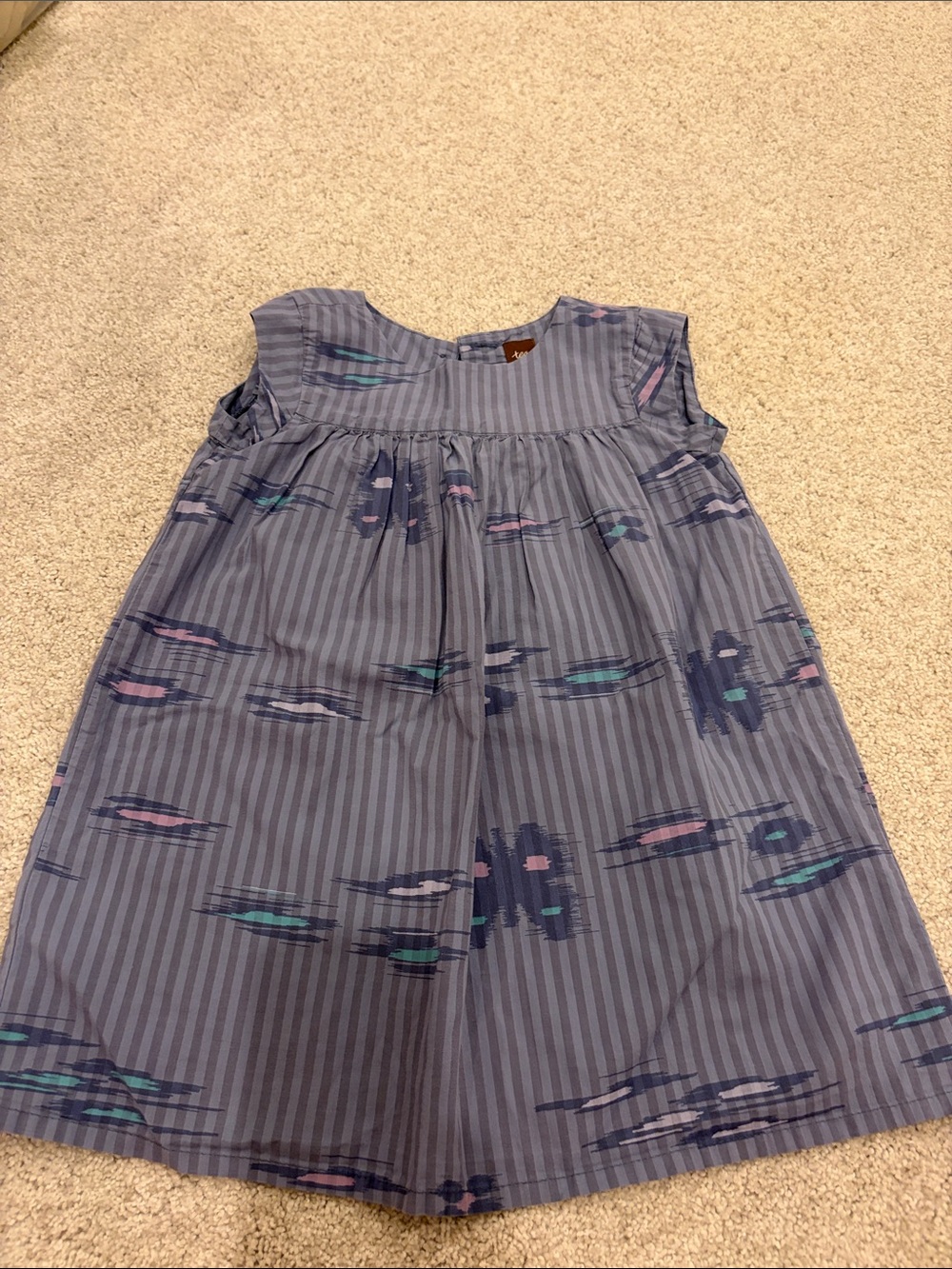 Blue Striped Girls' Sleeveless Dress with Subtle Teal & Pink Prints